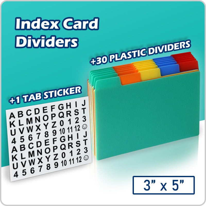 Olivo Plastic Index Card Dividers 3x5 Poly Index Card Guides Set with 1/5 Cut Tabs for A-Z Alphabet, Assorted Colors, 30 Pack - Image 2